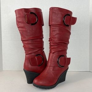 New TOP Moda Pure-65 Women's Fashion Round Toe Slouch Buckle Wedge Mid Calf Boot
